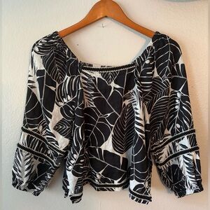 Cynthia Rowley Linen Black White Tropical Balloon Sleeve Blouse Women’s Small